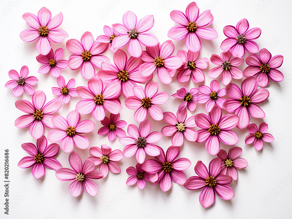 Poster various colorful flowers form a pattern on a white background in a top-down flat lay