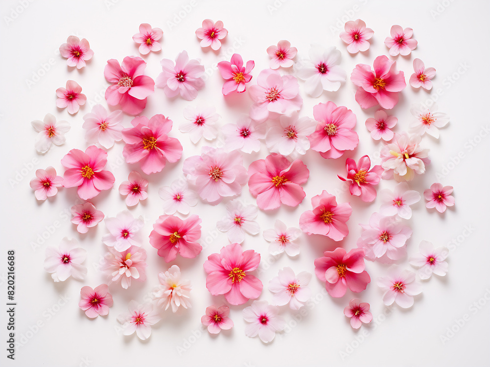 Poster top view of a flat lay pattern showcasing colorful flowers on a white background