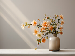 A white glass jar containing flowers, set against a wall