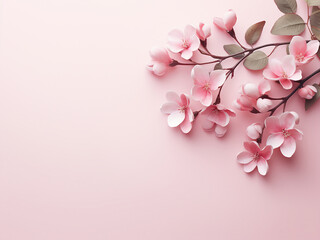 A flat lay presentation of pink flowers and eucalyptus leaves on a pastel pink backdrop