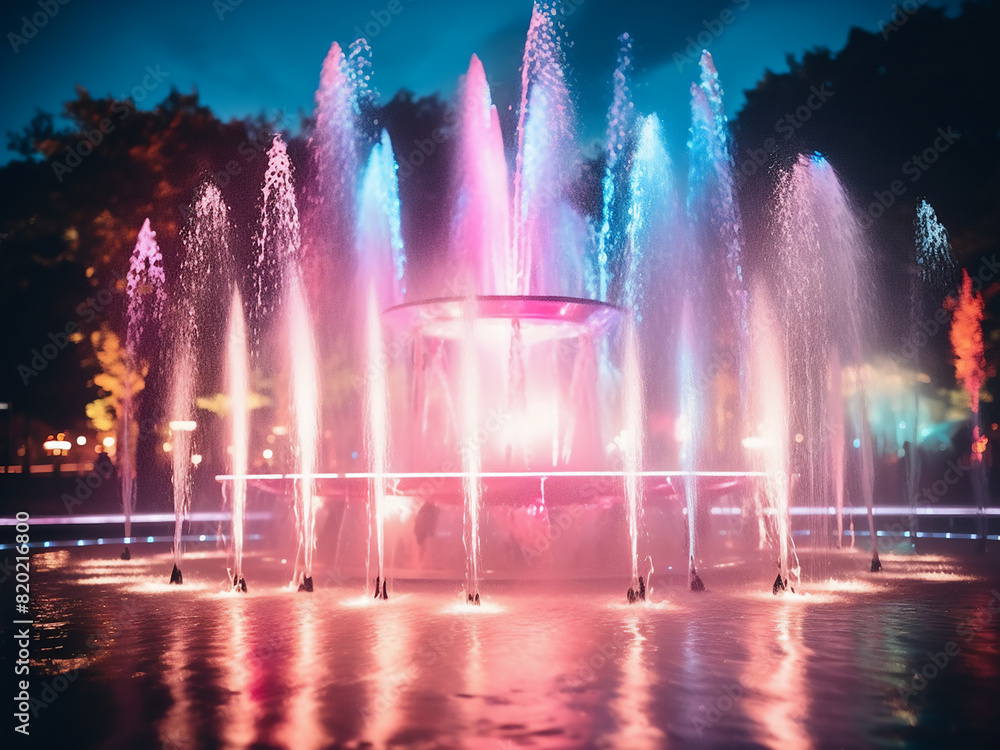 Poster abstract fountain display dazzles with multicolored bokeh lights