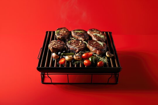 A high-resolution photo of a barbecue grill with sizzling steaks and vegetables, isolated on a solid red background, capturing the essence of outdoor cooking.