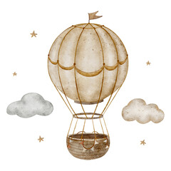 Watercolor hot air balloon with basket, clouds and stars in vintage beige style. Hand drawn children's illustration on isolated background for postcard design, poster, nursery decor. © Anastasia Brekhova