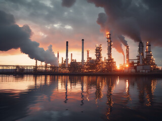 Soft morning light blurs the scene at an oil refinery riverfront