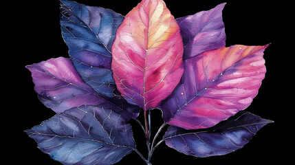   A painting of two purple leaves on a green background with a pink and blue leaf on the other side is surrounded by a black background