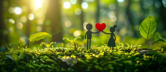 Stick figure couple holding hands, with a heart symbol, set against a lush green forest background. Environmental, family and relationship concept, copy space. - Powered by Adobe