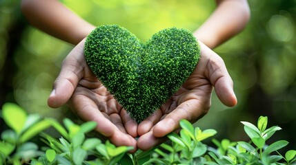 Hands holding a green moss-covered heart. Nature, sustainability and environmental conservation concept. 