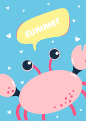 Summer poster with CRAB in flat style. Art for poster, banner, postcard. Summer time.