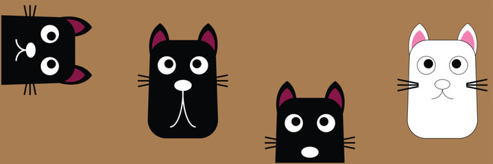 Black cat set. Waving hand. Pink paw print. Upside down face head. Cute cartoon kawaii funny sad character. Pet baby animal. Eps 10.