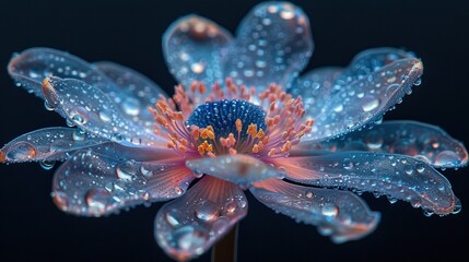   A blue flower with droplets of water on its petals and a detailed close-up of its center
