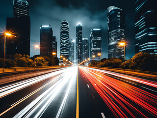 Obraz premium Motion-blurred night traffic in an urban setting