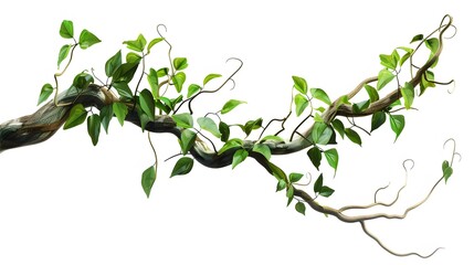 realistic twisted jungle branch with plant growing isolated on a white background