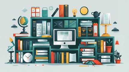 Illustration a desk with a computer surrounded by bookshelves filled with various books and other items