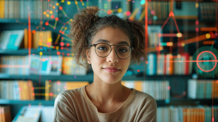 A woman with glasses is smiling at the camera in front of a bookshelf