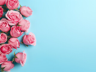 Pink rose blossoms arranged on a serene pastel blue surface