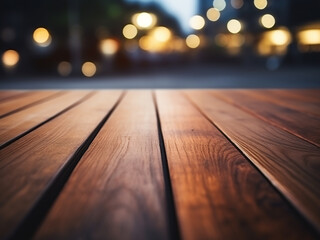 Plank wooden foreground against blurred car park background offers copy space