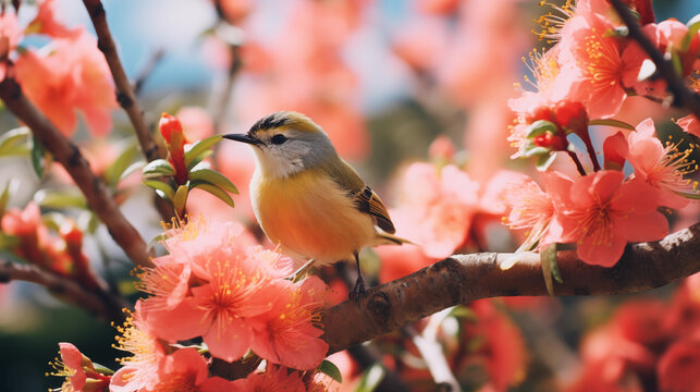 Tropical beautiful birds against the background of flowering trees. Bird in pink flowers. Generated AI 