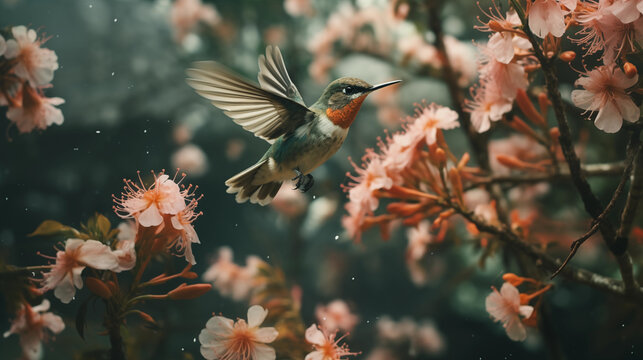 Tropical beautiful birds against the background of flowering trees. Bird in pink flowers. Generated AI 