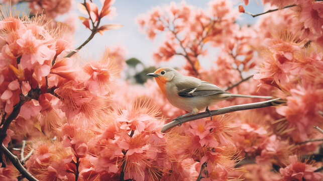 Tropical beautiful birds against the background of flowering trees. Bird in pink flowers. Generated AI 