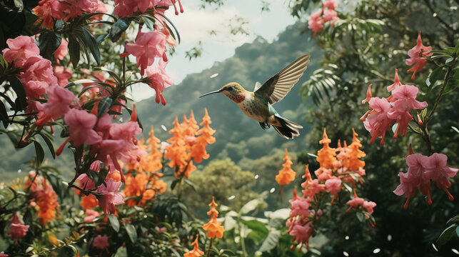 Tropical beautiful birds against the background of flowering trees. Bird in pink flowers. Generated AI 