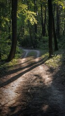 Fototapeta premium Dirt path in the woods with trees on both sides