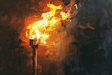 Painting of a wooden torch fire.