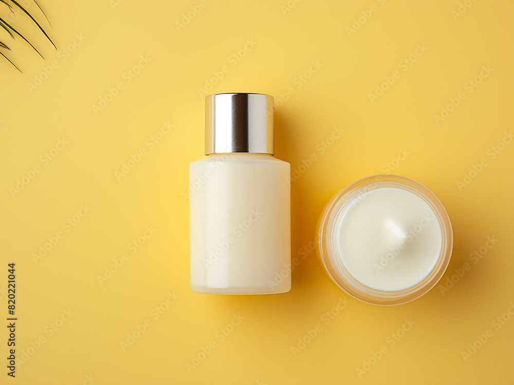 Poster flat lay composition of cosmetic containers on yellow background with copy space