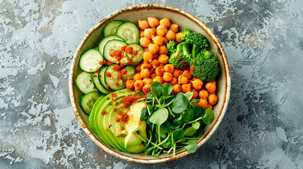 A bowl of food with a variety of vegetables including broccoli, avocado