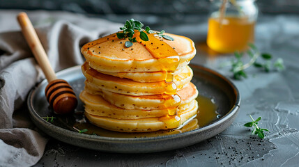 A stack of pancakes with syrup and herbs on top of a plate