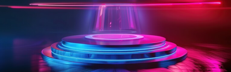 Glowing neon futuristic podium with holographic display on a digital data stream background, Perfect for showcasing innovative products presentation, mock up, show cosmetic product and other.