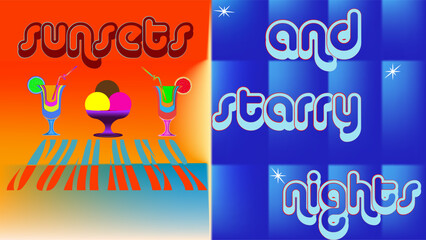 A vibrant, retro-inspired graphic design contrasting warm sunset hues with cool starry night tones.