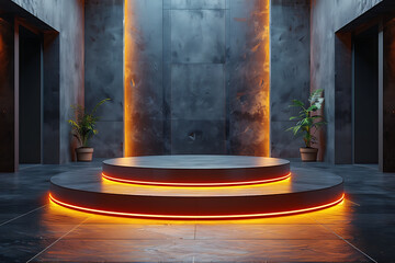 Modern and adaptable, the 3D podium with a striking neon effect creates a futuristic and vibrant image, perfect for displaying products or awards in a contemporary setting