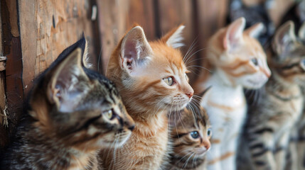 Obraz premium Curious kittens lined up. A group of adorable kittens with different fur patterns sit in a line, gazing curiously in the same direction.