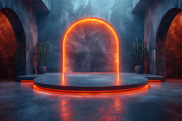 Modern and adaptable, the 3D podium with a striking neon effect creates a futuristic and vibrant image, perfect for displaying products or awards in a contemporary setting