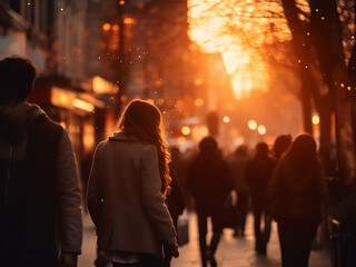 Figures stroll through the beautiful sunset-lit street, faces obscured intentionally