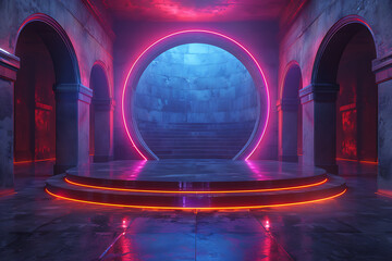 Modern and adaptable, the 3D podium with a striking neon effect creates a futuristic and vibrant image, perfect for displaying products or awards in a contemporary setting