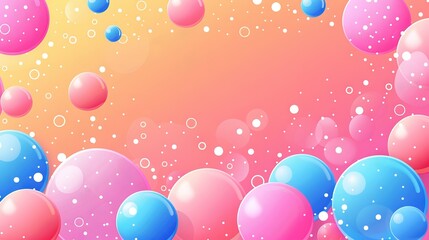   A collection of balloons drifting skyward with iridescent bubbles on a pastel pink and blue backdrop, featuring additional aerial bubbles