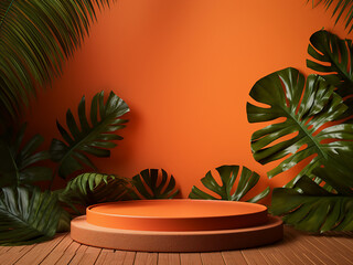 Obraz premium Tropical-themed 3D render with podium for product showcase
