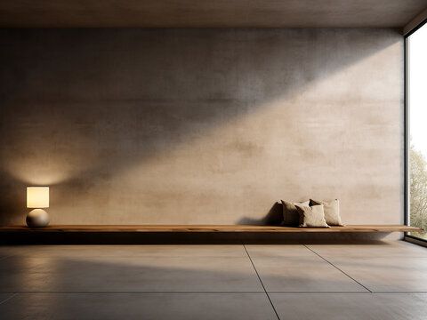 Textured concrete interior in 3D rendering, ample copyspace