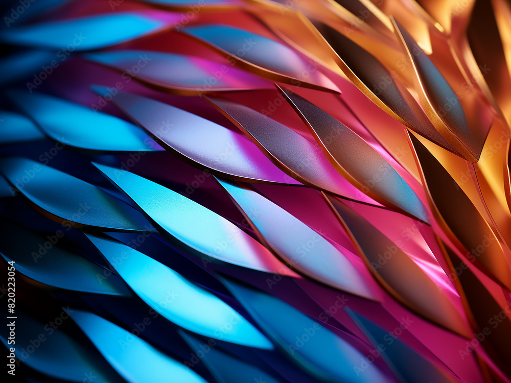 Poster origami pattern on curved paper, macro shot with mirror reflection