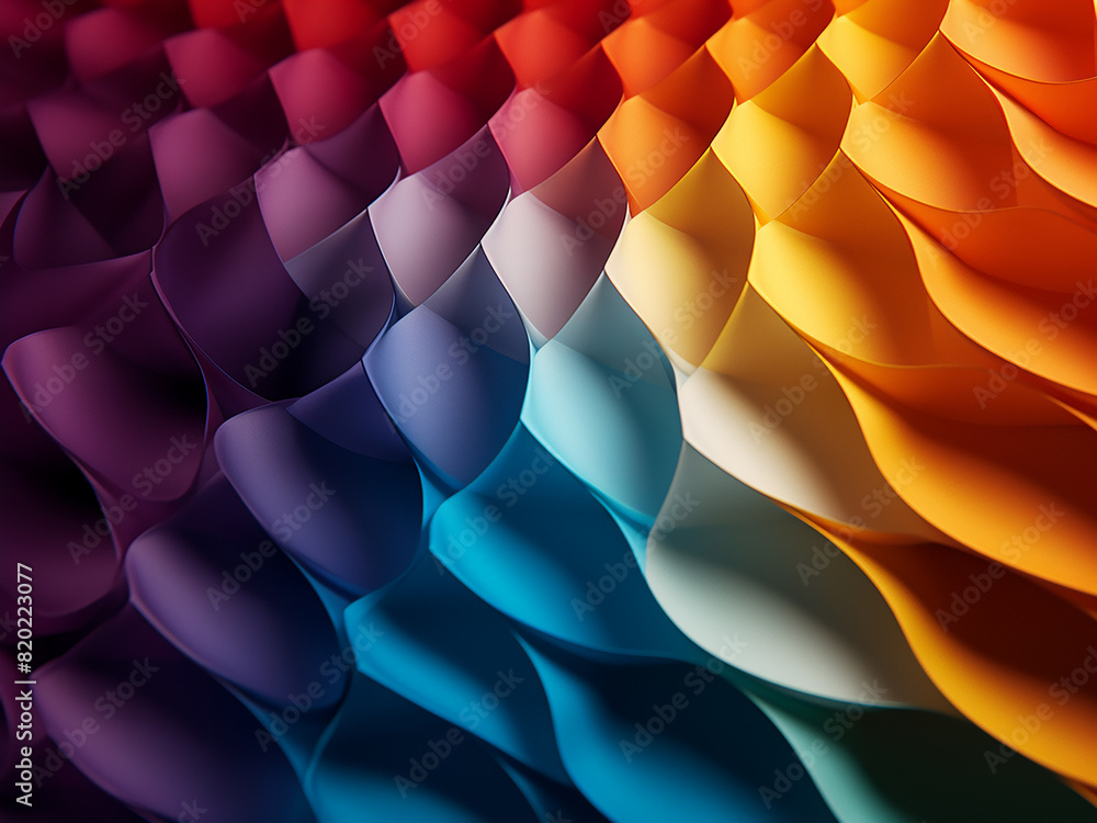 Poster curved paper sheets form colorful origami pattern, macro view