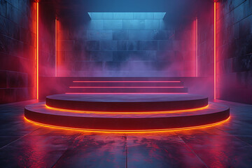 Modern and adaptable, the 3D podium with a striking neon effect creates a futuristic and vibrant image, perfect for displaying products or awards in a contemporary setting