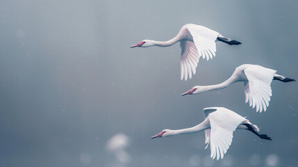 Obraz premium Swans flying in misty sky. A serene image of three swans flying gracefully in a misty sky.