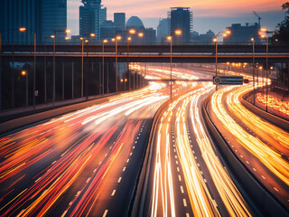 Top view of expressway traffic amidst twilight bokeh