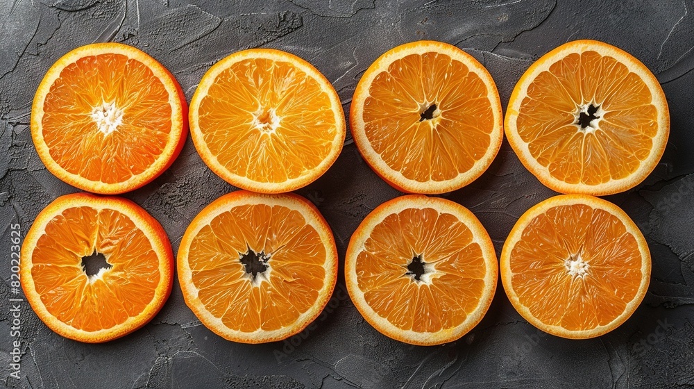 Poster a collection of orange wedges placed on a dark countertop, adjacent to one another on top of a table
