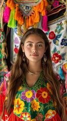 Fototapeta premium A Hispanic woman stands in front of a colorful wall