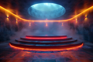 Modern and adaptable, the 3D podium with a striking neon effect creates a futuristic and vibrant image, perfect for displaying products or awards in a contemporary setting