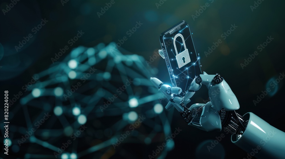 Poster smart phone with padlock hologram ,cyber security concept. security data