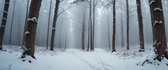 A mysterious snowy path leading through a dense forest covered in fog, creating a serene and eerie winter scene.