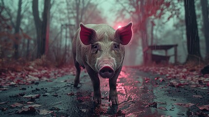   A pig trotting through a damp forest with red leaves strewn about, bathed in the glow of a crimson illumination